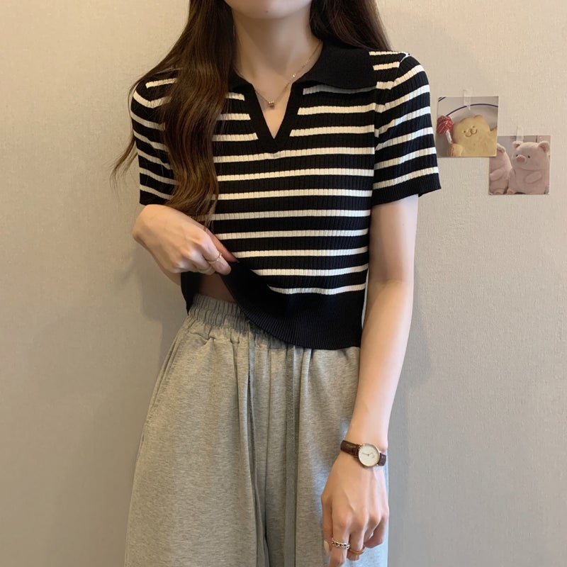 2024 Summer French Design Niche Elegant Slim Top Polo Shirt V-Neck Stripesd Short-Sleeved Knitwear For Women - Image 3